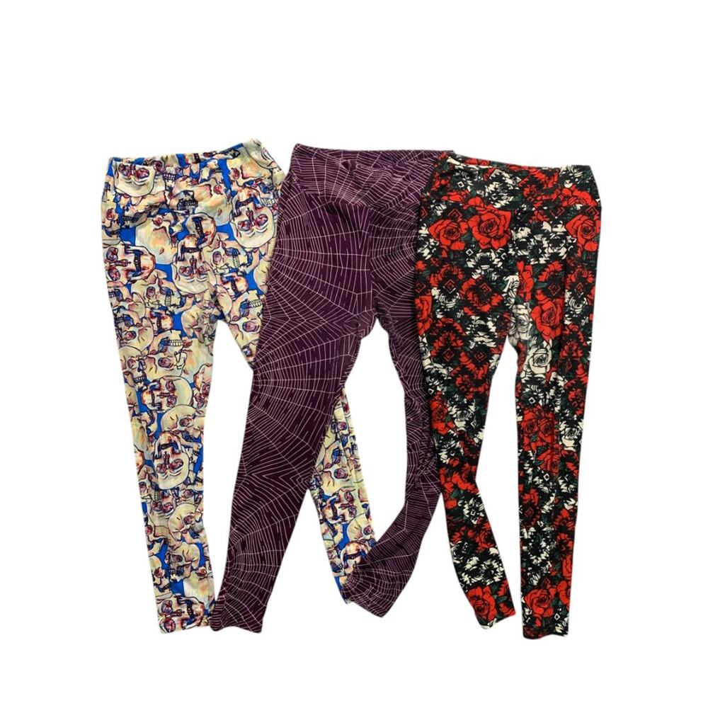One Size LulaRoe Womens Leggings 3‎ Pair Assorted Skull Rose Spiderweb